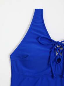 Lace-up Front Tankini Top - Royal Blue - View 5
