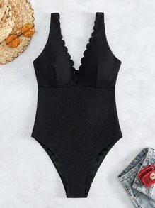 Scallop Trim One Piece Swimsuit - Black - View 6