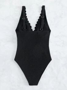Scallop Trim One Piece Swimsuit - Black - View 7