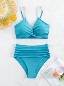 Conjunto de bikini de verano de playa acanalado con detalle de abalorios y pliegues - Celeste - Ver 4
