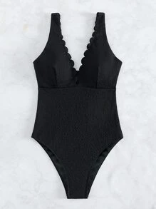Scallop Trim One Piece Swimsuit - Black - View 4