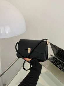 Metal Lock Flap Square Bag - Black - View 2