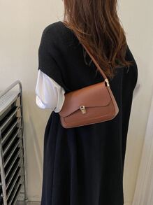 金屬鎖翻蓋方包 - 巧克力棕 - 查看 3