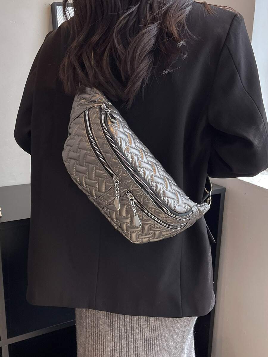 Minimalist Quilted Detail Waist Bag - Grey - View 1