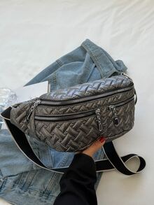 Minimalist Quilted Detail Waist Bag - Grey - View 2