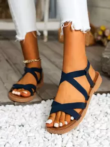 Criss Cross Ankle Strap Sandals - Navy Blue - View 2