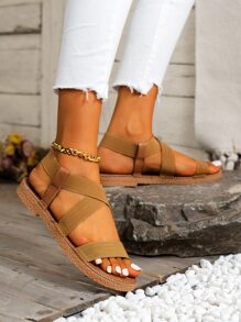 女士交叉帶露跟時尚夏天平底涼鞋 - 棕色 - 查看 3