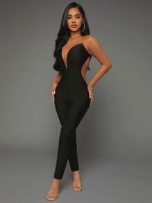 SHEIN SXY Two Tone Mesh Insert Jumpsuit - Black - View 3