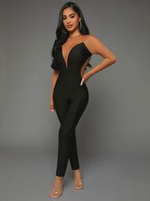 SHEIN SXY Two Tone Mesh Insert Jumpsuit - Black - View 4