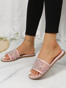 Dép xỏ ngón đính đá Rhinestone Decor, dép đế bằng màu hồng đính đá Rhinestone trơn dành cho nữ dùng cho tiệc Valentine - Hồng - Xem 4