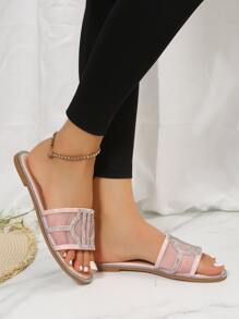 Dép xỏ ngón đính đá Rhinestone Decor, dép đế bằng màu hồng đính đá Rhinestone trơn dành cho nữ dùng cho tiệc Valentine - Hồng - Xem 6