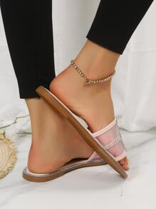 Dép xỏ ngón đính đá Rhinestone Decor, dép đế bằng màu hồng đính đá Rhinestone trơn dành cho nữ dùng cho tiệc Valentine - Hồng - Xem 8