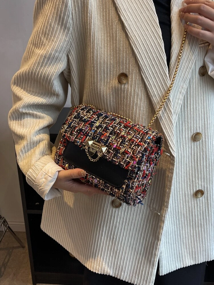 1pc Black & Colorful Plaid Tweed Small Square Bag, 2024 Autumn/Winter Fashion Chain Strap Shoulder Crossbody Bag With Lock Clasp For Women, Chic Vibe Suitable For Daily, Date, Gift, Party