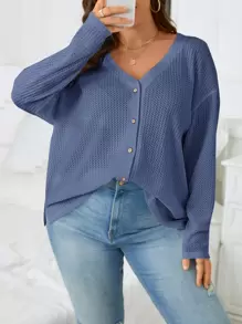 SHEIN Essnce Plus Drop Shoulder Waffle Knit Tee - Dusty Blue - View 5
