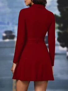 SHEIN Clasi 女士秋冬优雅拉链腰带大衣 - 紅色 - 查看 2