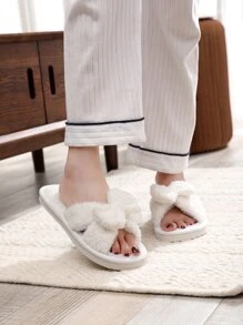 女款露趾白色蝴蝶結拖鞋，防滑時尚室內鞋，適合四季 - 白色 - 查看 2