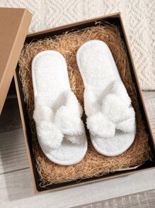 女款露趾白色蝴蝶結拖鞋，防滑時尚室內鞋，適合四季 - 白色 - 查看 7