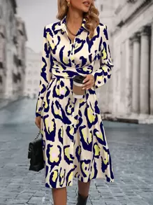 SHEIN LUNE 滿版印花後綁帶襯衫連衣裙 - 黃色 - 查看 1