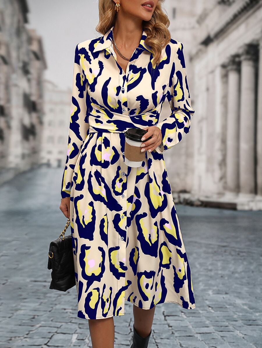 SHEIN LUNE 滿版印花後綁帶襯衫連衣裙 - 黃色 - 查看 1