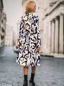 SHEIN LUNE 滿版印花後綁帶襯衫連衣裙 - 黃色 - 查看 2