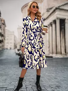 SHEIN LUNE 滿版印花後綁帶襯衫連衣裙 - 黃色 - 查看 5