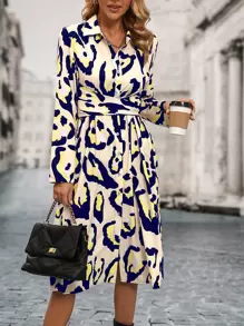 SHEIN LUNE 滿版印花後綁帶襯衫連衣裙 - 黃色 - 查看 6