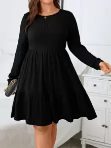 SHEIN Clasi Plus Ribbed Knit Ruffle Hem Dress - Black - View 1