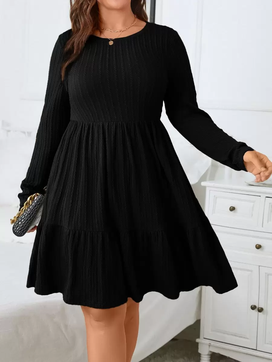SHEIN Clasi Plus Ribbed Knit Ruffle Hem Dress - Black - View 1