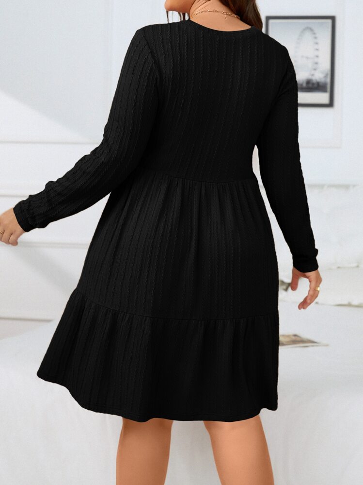 SHEIN Clasi Plus Ribbed Knit Ruffle Hem Dress - Black - View 2
