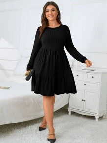 SHEIN Clasi Plus Ribbed Knit Ruffle Hem Dress - Black - View 3
