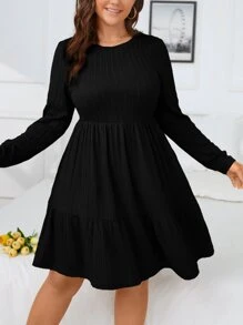 SHEIN Clasi Plus Ribbed Knit Ruffle Hem Dress - Black - View 4