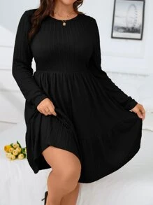 SHEIN Clasi Plus Ribbed Knit Ruffle Hem Dress - Black - View 5