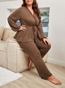 蕾丝边灯笼袖前结荷叶边上衣和裤子睡衣套装/睡衣套装 - 棕色 - 查看 4