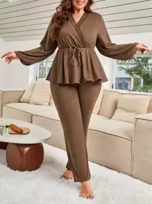 蕾丝边灯笼袖前结荷叶边上衣和裤子睡衣套装/睡衣套装 - 棕色 - 查看 1