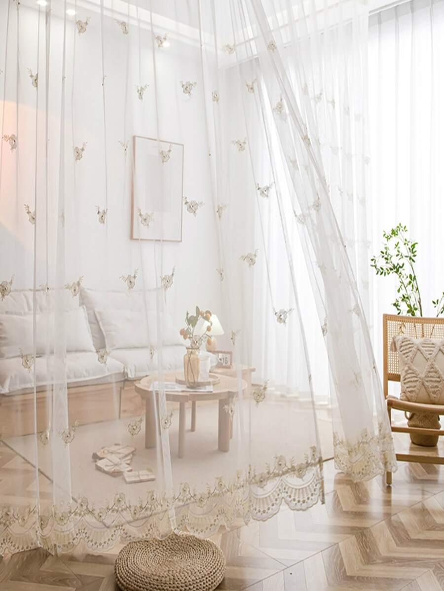 Flower Embroidered Faux Pearl Decor Single Panel Sheer Curtain - Beige - View 1