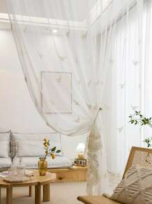 Flower Embroidered Faux Pearl Decor Single Panel Sheer Curtain - Beige - View 2