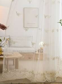 Flower Embroidered Faux Pearl Decor Single Panel Sheer Curtain - Beige - View 5