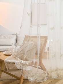 Flower Embroidered Faux Pearl Decor Single Panel Sheer Curtain - Beige - View 6