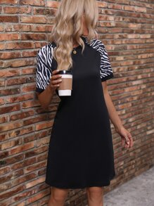 Zebra Striped Raglan Sleeve Tee Dress - Black - View 4