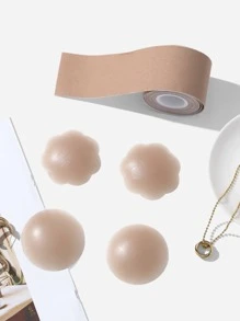 4pcs Solid Nipple Cover With 1roll Breast Tape - Apricot - View 1