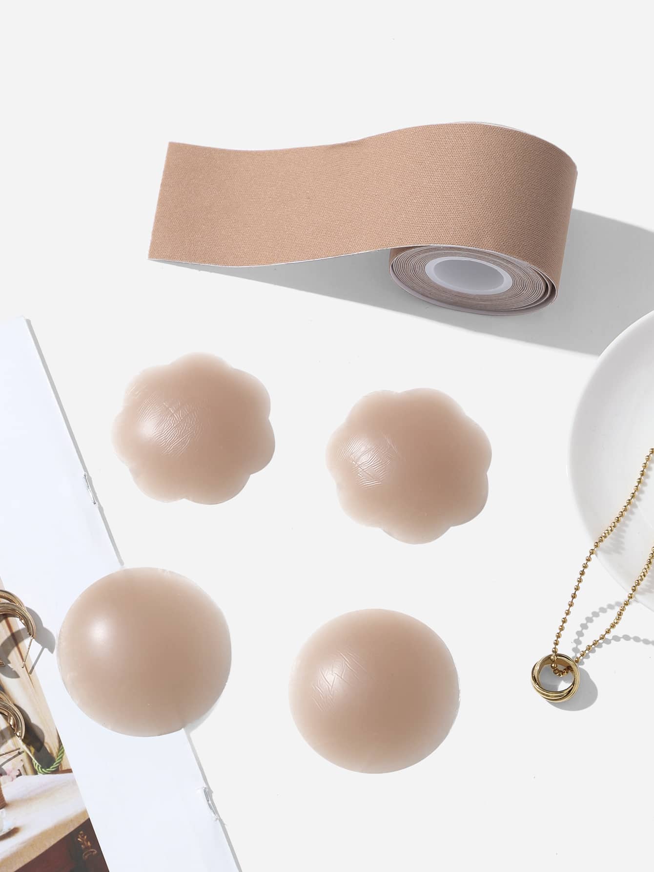 4pcs Solid Nipple Cover With 1roll Breast Tape - Apricot - View 1