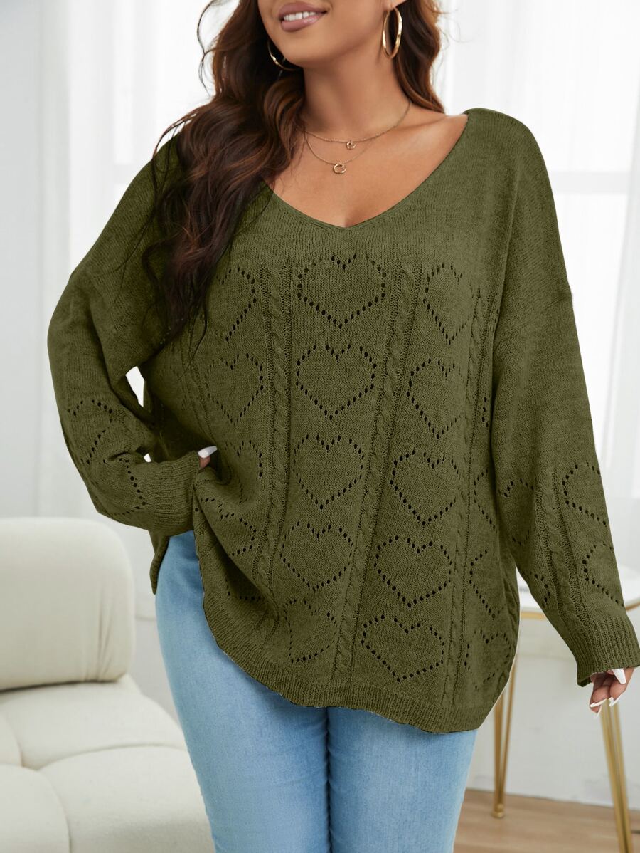 SHEIN Franclia Plus Pointelle Knit Drop Shoulder Jumper - Army Green - View 1