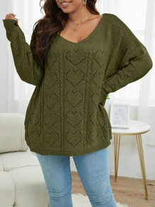 SHEIN Franclia Plus Pointelle Knit Drop Shoulder Jumper - Army Green - View 3