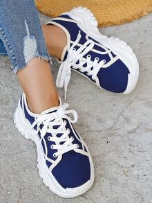 Contrast Binding Lace-up Front Chunky Sneakers - Navy Blue - View 4
