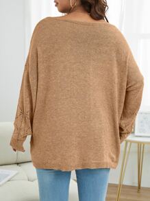 Calvaya Plus Pointelle Knit Batwing Sleeve Jumper - Khaki - View 2