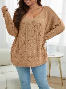 Calvaya Plus Pointelle Knit Batwing Sleeve Jumper - Khaki - View 3