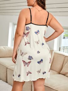 Plus Butterfly Print Lettuce Trim Cami Nightdress - Beige - View 2