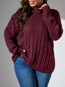 SHEIN LUNE Plus Turtleneck Cable Knit Drop Shoulder Jumper - Maroon - View 1