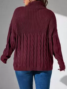 SHEIN LUNE Plus Turtleneck Cable Knit Drop Shoulder Jumper - Maroon - View 2