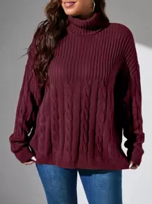 SHEIN LUNE Plus Turtleneck Cable Knit Drop Shoulder Jumper - Maroon - View 3